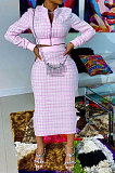 Pink Women Digital Printing Ribber Long Sleeve Zipper Hip Skirts Sets YLY2666-1