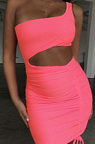 Fluorescent Pink Wholesale Sexy Single Shoulder Hollow Out Bandage Ruffle Solid Color Hip Dress LZY9508-1