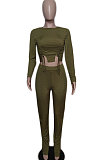 Army Green Autumn Winter Fashion Women Shirred Detail Ribber Pure Color Split Pants Sets XT8112-1