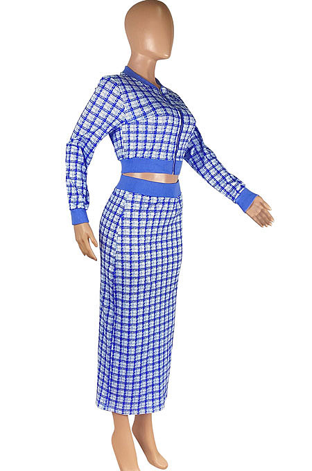 Pink Women Digital Printing Ribber Long Sleeve Zipper Hip Skirts Sets YLY2666-1