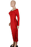 Red Women Autumn Fashion Tassel Long Sleeve Bodycon Pure Color Long Dress SH7288-2