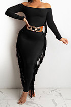 Black Women Autumn Fashion Tassel Long Sleeve Bodycon Pure Color Long Dress SH7288-1