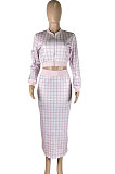 Red Women Digital Printing Ribber Long Sleeve Zipper Hip Skirts Sets YLY2666-2