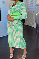 Green Women Digital Printing Ribber Long Sleeve Zipper Hip Skirts Sets YLY2666-4