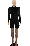 Black Women Sexy Trendy Skinny Korea Velvet Zipper Pure Color Romper Shorts QMX1021-3