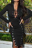 Black Autumn Winter Sexy Ribber Long Sleeve Bandage Double-Breasted Bodycon Slit Dress HHM6530-3
