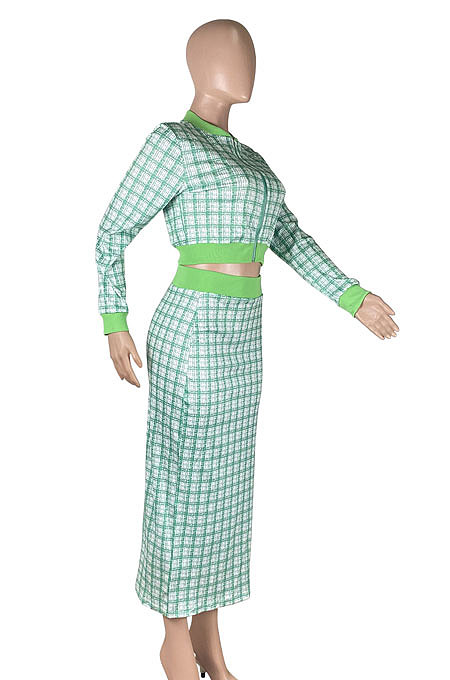 Pink Women Digital Printing Ribber Long Sleeve Zipper Hip Skirts Sets YLY2666-1