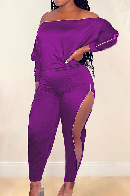 Wine Red Simple New Pure Color Zipper A Wrod Shoulder Long Sleeve Loose Tops Ankle Banded Pants Sets CYY00035-3