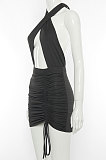 White Euramerican Women Sexy Solid Color Halter Neck Hollow Out Sleeveless Backless Drawsting Ruffle High Waist Mini Dress FWB20921-1