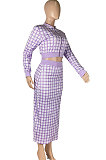 Red Women Digital Printing Ribber Long Sleeve Zipper Hip Skirts Sets YLY2666-2