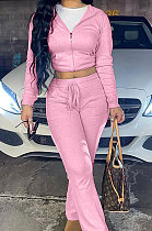 Pink Euramerican Women Autumn Winter Drawsting Hooded Pockets Velvet Zipper Pants Sets MLM9079-2