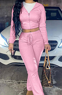 Pink Euramerican Women Autumn Winter Drawsting Hooded Pockets Velvet Zipper Pants Sets MLM9079-2
