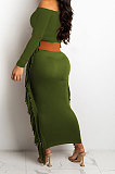 Red Women Autumn Fashion Tassel Long Sleeve Bodycon Pure Color Long Dress SH7288-2
