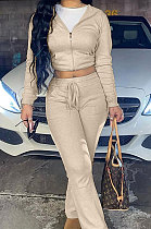 Khaki Euramerican Women Autumn Winter Drawsting Hooded Pockets Velvet Zipper Pants Sets MLM9079-4