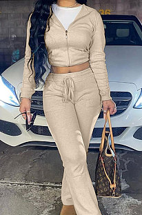 Khaki Euramerican Women Autumn Winter Drawsting Hooded Pockets Velvet Zipper Pants Sets MLM9079-4