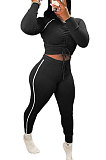 Blue Euramerican Women Hooded Drawsting Crop Solid Color Bodycon Casual Pants Sets AYQ08021-1