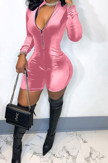 Pink Women Sexy Trendy Skinny Korea Velvet Zipper Pure Color Romper Shorts QMX1021-1
