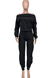 Rose Red Simple New Pure Color Zipper A Wrod Shoulder Long Sleeve Loose Tops Ankle Banded Pants Sets CYY00035-2