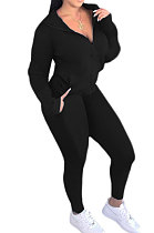 Black Euramerican Women Zipper Hooded Fashion Sport Pure Color Long Sleeve Pants Sets XT8888-1