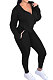 Black Euramerican Women Zipper Hooded Fashion Sport Pure Color Long Sleeve Pants Sets XT8888-1