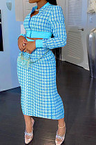 Light Blue Women Digital Printing Ribber Long Sleeve Zipper Hip Skirts Sets YLY2666-6