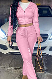 Gray Euramerican Women Autumn Winter Drawsting Hooded Pockets Velvet Zipper Pants Sets MLM9079-1
