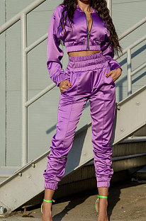 Purple Casual Quality Long Sleeve Zip Front Coat High Waist Ankle Banded Pants Solid Color Sport Sets HHM6529-4