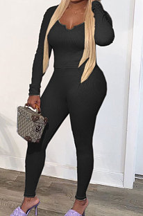 Black Fashion Sexy Quality Ribber Long Sleeve Low Neck Bodycon Tops High Elastic Pencil Pants Solid Color Sets CYY00036-1