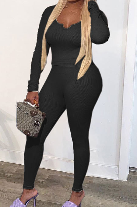 Black Fashion Sexy Quality Ribber Long Sleeve Low Neck Bodycon Tops High Elastic Pencil Pants Solid Color Sets CYY00036-1