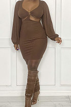 Coffee Sexy Fashion Dew Waist Strapless V Collar Solid Color Mini Dress QMX1020 -3