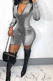 Gray Women Sexy Trendy Skinny Korea Velvet Zipper Pure Color Romper Shorts QMX1021-2