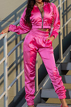 Pink Casual Quality Long Sleeve Zip Front Coat High Waist Ankle Banded Pants Solid Color Sport Sets HHM6529-2