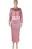 Red Women Digital Printing Ribber Long Sleeve Zipper Hip Skirts Sets YLY2666-2