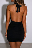 White Euramerican Women Sexy Solid Color Halter Neck Hollow Out Sleeveless Backless Drawsting Ruffle High Waist Mini Dress FWB20921-1