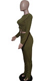 Army Green Autumn Winter Fashion Women Shirred Detail Ribber Pure Color Split Pants Sets XT8112-1