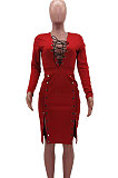 Black Autumn Winter Sexy Ribber Long Sleeve Bandage Double-Breasted Bodycon Slit Dress HHM6530-3
