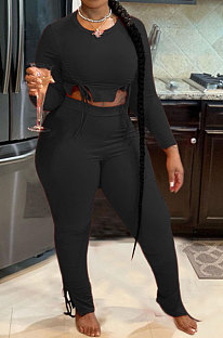 Black Autumn Winter Fashion Women Shirred Detail Ribber Pure Color Split Pants Sets XT8112-4