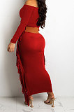 Red Women Autumn Fashion Tassel Long Sleeve Bodycon Pure Color Long Dress SH7288-2