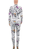 White Euramerican Women Autumn Winter Sexy Butterfly Printing Round Collar Zipper Bodycon Jumpsuits PY0837