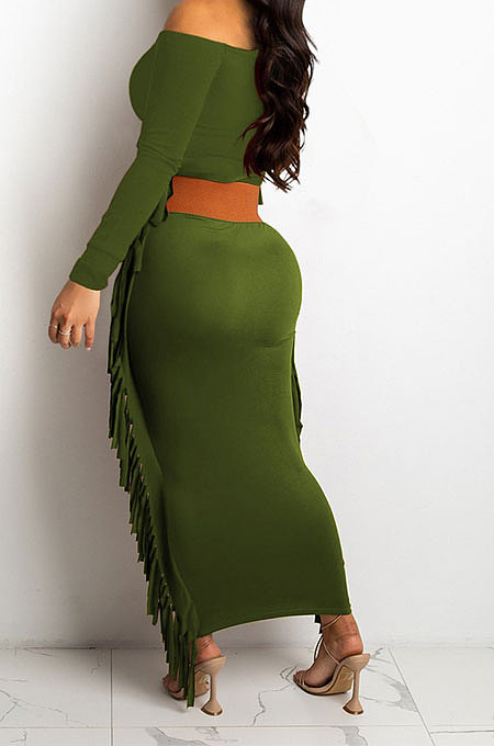 Black Women Autumn Fashion Tassel Long Sleeve Bodycon Pure Color Long Dress SH7288-1