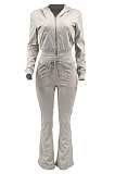 Khaki Euramerican Women Autumn Winter Drawsting Hooded Pockets Velvet Zipper Pants Sets MLM9079-4