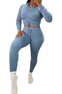 Blue Euramerican Women Hooded Drawsting Crop Solid Color Bodycon Casual Pants Sets AYQ08021-1