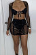 Black Sexy Mesh See-Through Hot Stamping Long Sleeve Bandage Strapless Hip Skirts Fashion Sets BN9306