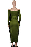 Red Women Autumn Fashion Tassel Long Sleeve Bodycon Pure Color Long Dress SH7288-2