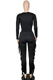 Red Women Autumn Fashion Tassel Long Sleeve Bodycon Pure Color Pants Sets SH7287-2