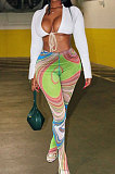 Blue Wholesale Sexy Pure Color Bandage Cradigan Tops Printing Bodycon Pantihose Two-Piece BN9307-2