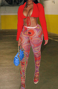 Red Wholesale Sexy Pure Color Bandage Cradigan Tops Printing Bodycon Pantihose Two-Piece BN9307-1