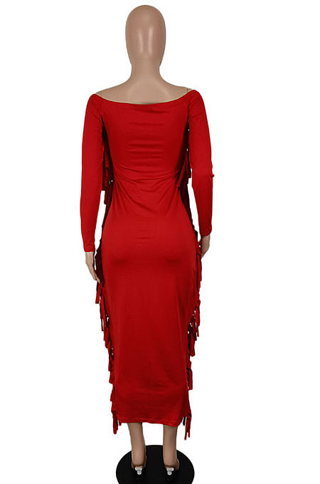 Black Women Autumn Fashion Tassel Long Sleeve Bodycon Pure Color Long Dress SH7288-1
