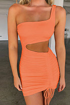 Orange Pink Wholesale Sexy Single Shoulder Hollow Out Bandage Ruffle Solid Color Hip Dress LZY9508-3