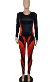 Black Red Women Autumn Sexy Trendy Tight Printing Long Sleeve Long Pants Sets SH7286-2